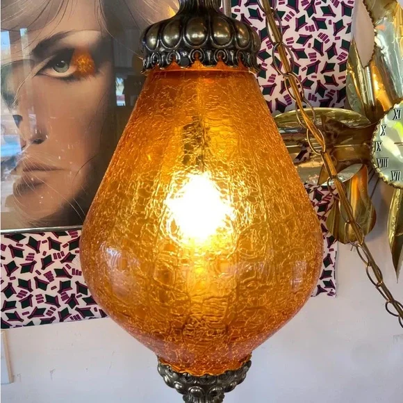 Vintage swag lamp large crackled amber glass Hollywood regency teardrop - Picture 5 of 9